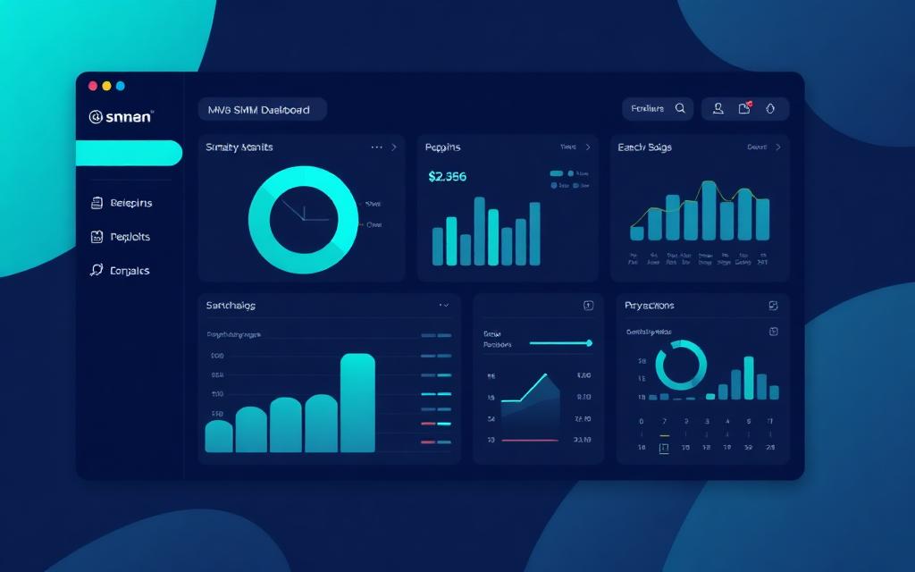 Painel SMM moderno com gráficos de pedidos e faturamento
